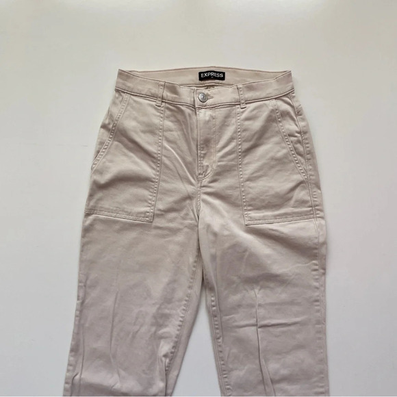 EXPRESS High Waisted Stretch Straight Cropped Cinched Hem Utility Pant in Beige - Picture 3 of 13